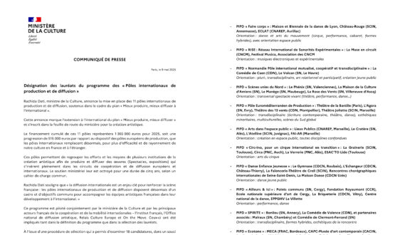 Communiqué de presse du ministère de la Culture - 
Désignation des lauréats du programme des « Pôles internationaux de production et de diffusion »